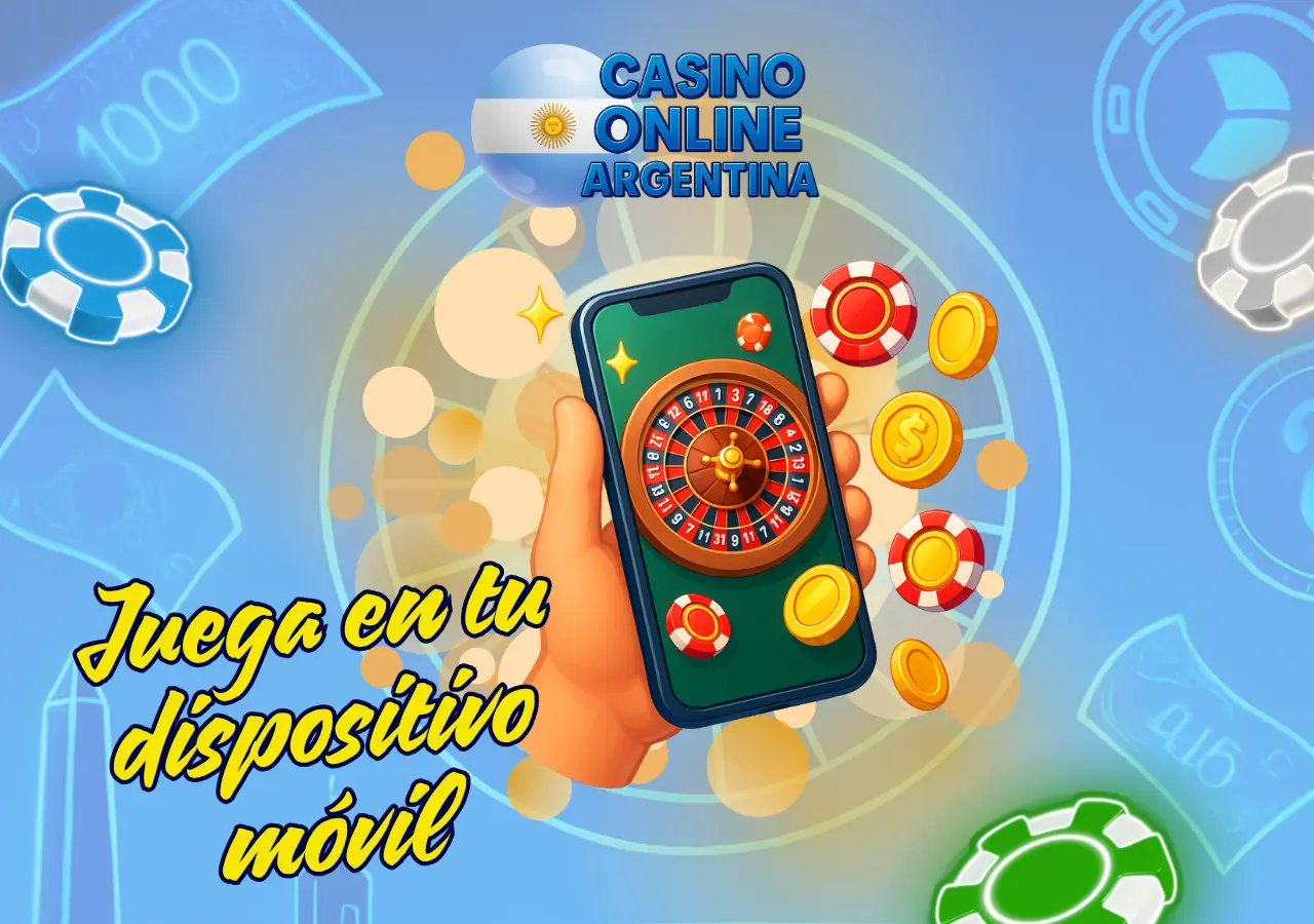 Teléfono móvil mostrando ruleta con fichas y monedas para jugar en Casino Online Argentina desde el celular