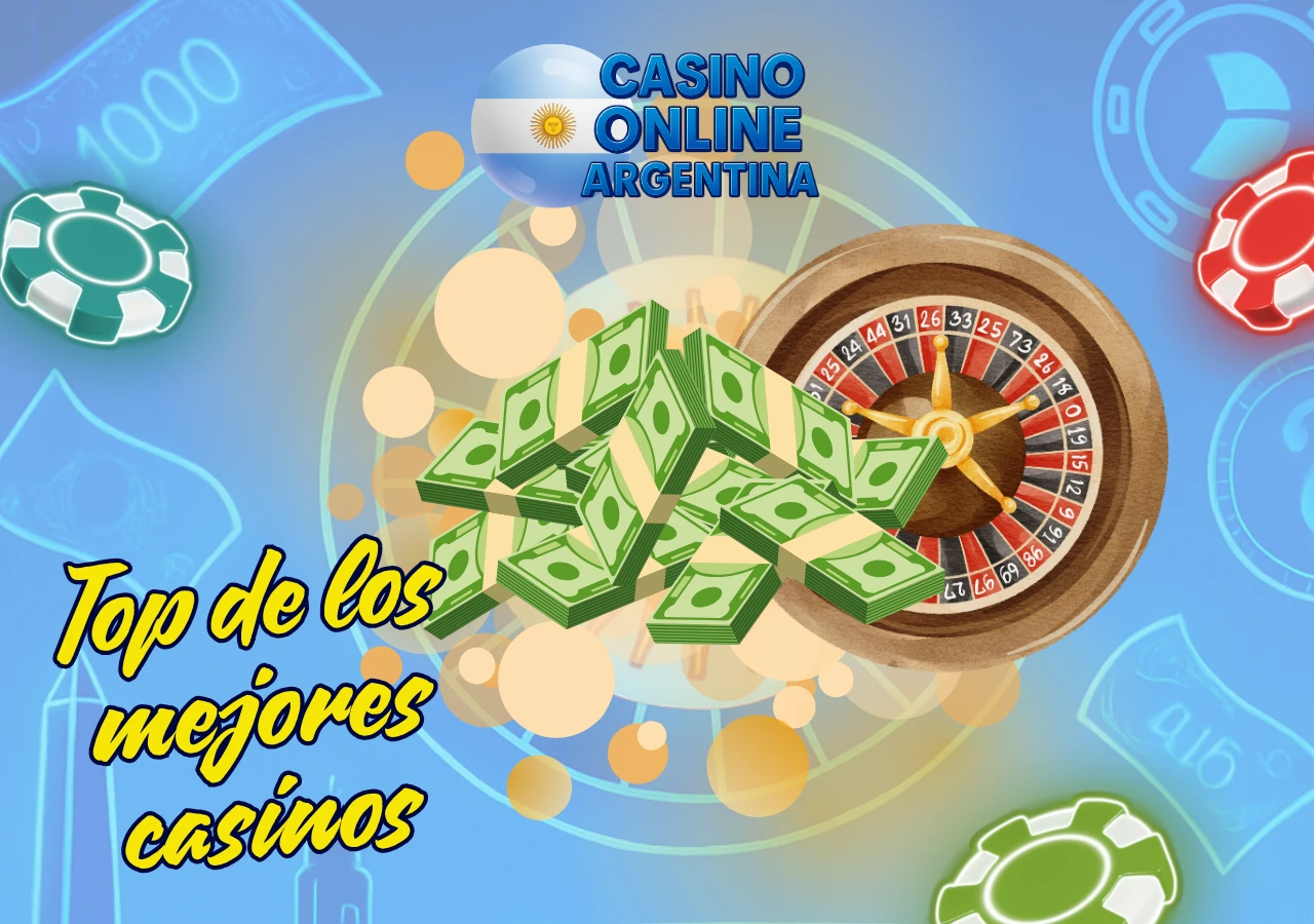 Ruleta con billetes y texto Top de los mejores casinos de Casino Online Argentina sobre fondo azul brillante